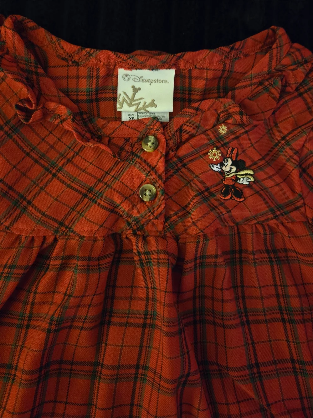 Disney Store Minnie Mouse Red Plaid Holiday Kids Nightgown PJs Ruffle XS EUC